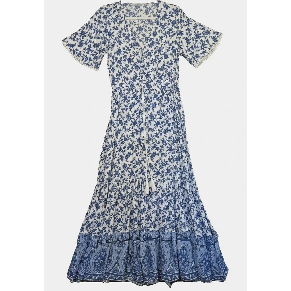 R.Vivimos Dress Womens Small Blue White Boho Floral Maxi Layered Feminine Euro